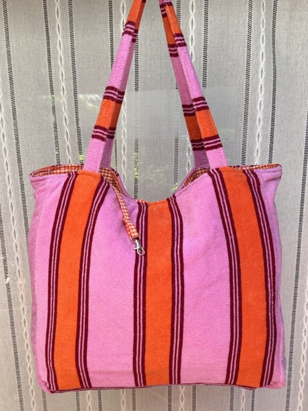 Handmade Pink & Orange Striped Beach Towel Tote Bag - Picture 2 of 2